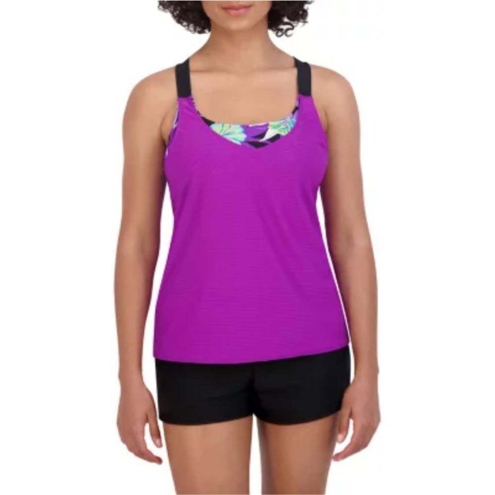 ZEREXPOSUR Tankini Swimsuit Topโ Purple Floral Layered Racerback Short Set S NWT